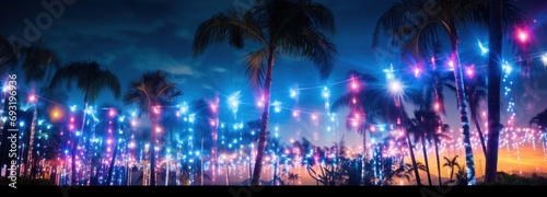 colorful lights in grass with palms next to blue sky,