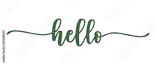 Hello, elegant cursive writing, with green eroded color, fabric style, Christmas colors, graphics for greeting cards, messages