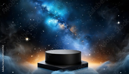 3d realistic black empty podium pedestal with blue night space cosmos nebula and shining star magic galaxy scene generative ai