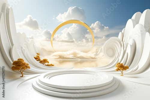 Elevated elegance, 3D illustration of a white podium adorned with three-dimensional figures, a modern and dynamic concept for stock illustrations.