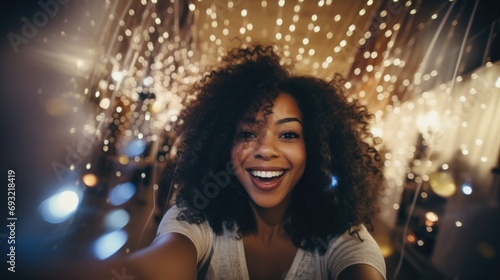 A joyful young African American woman captures a silly selfie with friends amidst glowing Christmas lights. Generative AI.