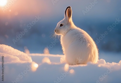 Artic hare or rabbit sitting in arctic sunset snow falling young Artic hare resting on an ice floe
