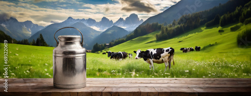 A milk can sits on a wooden deck overlooking a pastoral scene with grazing cows. The image brings to life rural charm, with mountains in the distance and a clear sky overhead