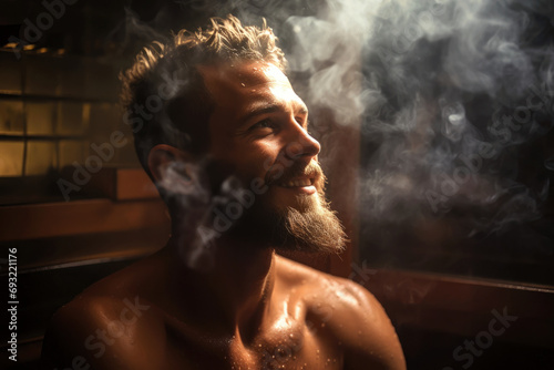 Happy man sitting in bath and steaming, smile of satisfaction on his face