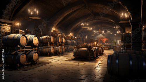Restaurant or bar with wooden barrels, vintage casks in old wine cellar. Perspective inside dark storage of winery. Concept of vineyard, viticulture, production, interior, background