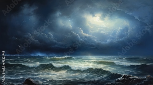 a painting of a storm in the ocean with a full moon in the sky above the ocean waves and birds flying in the sky above the water and on the water.