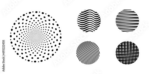 Abstract trendy set of black round shapes with textures in the form of lines, squares, circles or dots. Collection hand drawn decorative pattern on round shapes. Minimal vector illustration isolated