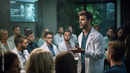 Medical team educating a man in a professional healthcare seminar