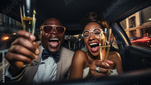 feliz pareja afroamericana, con gafas y trajes de boda o fiesta, dentro de una limusina negra, bebiendo champán en copas de cristal