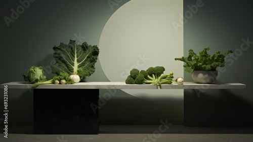  a table topped with lettuce and radishes in front of a half - moon shaped wall and a half - moon - shaped wall in the background.