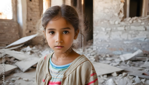 Orphaned children. poor child in a destroyed and abandoned building. girl in dirty clothes after an earthquake or war.