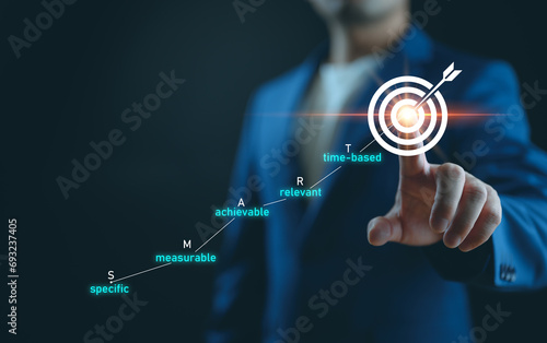 Smart goal setting (specific, measurable, achievable, relevant, time-based), business target and goal concept for presentations and reports, coach the way of setting goals, objectives and success.