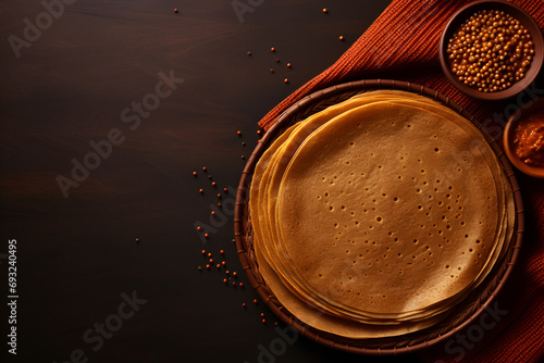 Ethiopian Injera Bread with Spices on Wooden Plate