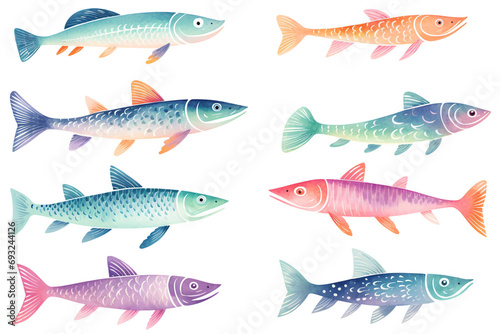 Set of watercolor paintings sea fish on white background. 