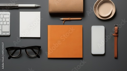 A variety of office supplies on it. There are papers, pens and other items scattered around the desk. 