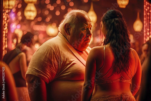sugar daddy in a fictitious red light district with slightly fat older man looking eagerly at prostitutes bodies, sex tourism, street with nightclubs or strip clubs, asian looking ladies