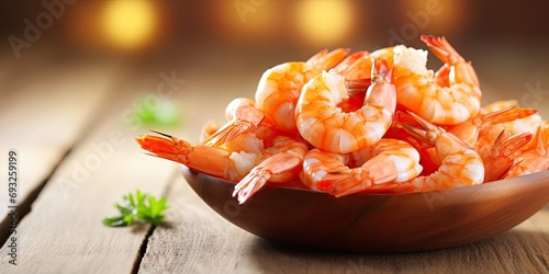 Close-up of healthy boiled shrimps on wooden table with room for text.