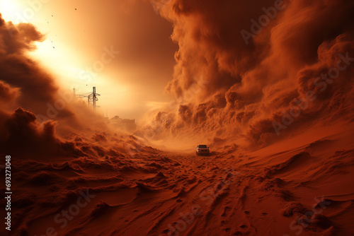 A Martian dust storm engulfing a colony.