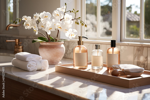 Luxurious bathroom products displayed elegantly with natural light and orchids enhancing the spa-like ambiance.
