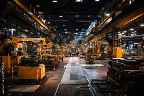 Spacious industrial factory floor with machinery and track lines.