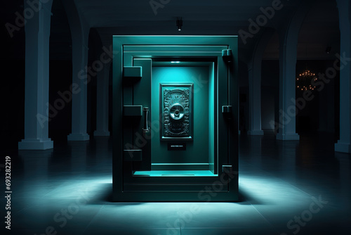 An illuminated high-security vault door in a dark room, symbolizing wealth protection and financial safety.