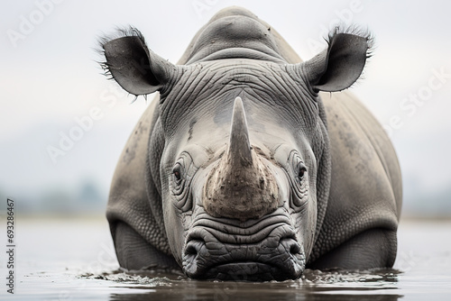 Close-up of an African rhinoceros facing forward in water, showing an intense gaze and detailed texture.