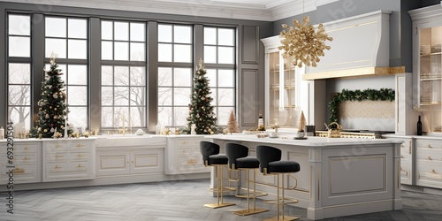 Luxurious Christmas-themed decor in a modern kitchen with island, sink, and cabinets in a new home.