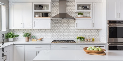 Modern kitchen with white cabinets, stainless steel appliances, and tiled backsplash.