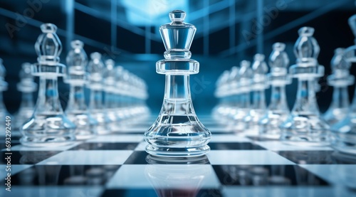Strategic Glass Chess Setup Highlighting the King. Generative ai
