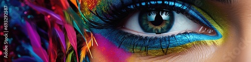 A close up of a person"s eye with colorful makeup. Generative AI.