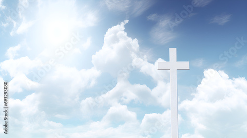 Christian Cross Radiates Against a Heavenly Sky Backdrop, Christian Cross Appears Brightly in Celestial Sky background ai generated