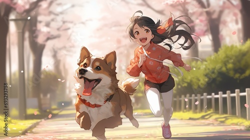 ［AI生成画像］愛犬と走る少女、公園6