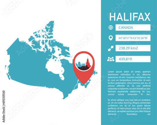 Halifax Canada map shape vector infographics template. Modern city data statistic illustration, graphic, layout for Nova Scotia province
