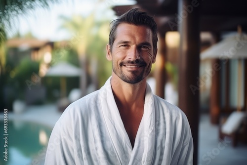 Portrait of handsome man in bathrobe standing by swimming pool at resort