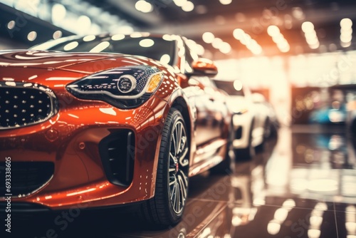 A detailed view of a car in a showroom. This image can be used to showcase the features and design of the car for advertising or promotional purposes