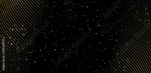 黒の背景にキラキラと光り輝く金の糸と舞い散る金粉 曲線デザインのテクスチャ素材