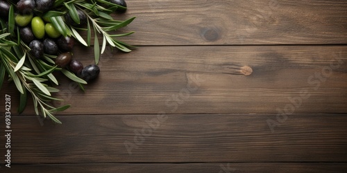 Mockup template with olive tree and empty wooden table top, featuring ripe black olives and olive branch close-up.