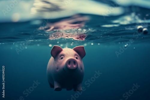 Piggybank drowning financial crisis. Money bankruptcy and investment finance failure. Generate ai