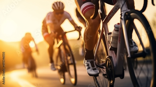 Close-up of a group of cyclists with professional racing sports gear riding on an open road cycling route
