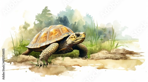 A turtle on land, watercolor in clipart style