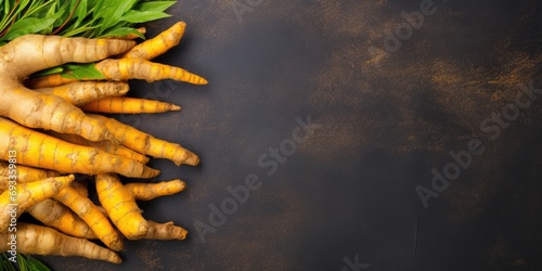 Turmeric roots on table, top view. Space for text.