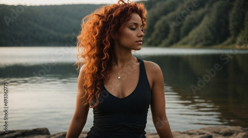Bellissima ragazza con capelli rossi e ricci mentre fa yoga e meditazione in riva ad un lago 