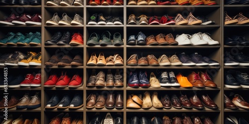 A collection of shoes neatly arranged on a shelf. Suitable for footwear store advertisements or fashion-related designs