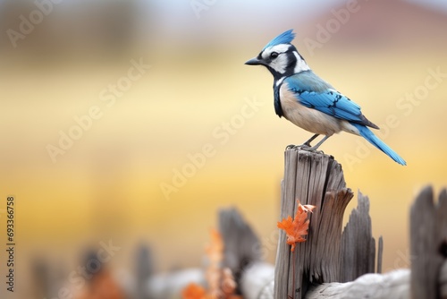blue jay sitting on a fence post with fall colors in the field