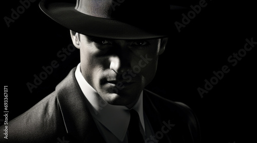 Man detective in the dark with a fedora hat and a trench coat, 1950s noir film style character