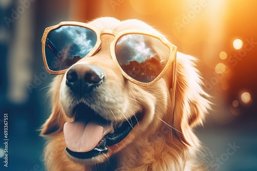 A stylish golden retriever dog confidently struts down a bustling city street, sporting trendy sunglasses. Perfect for adding a touch of coolness and fun to any project