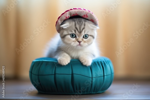 scottish fold kitten in a soft round pouf