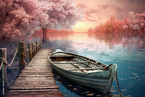 romantic jetty on the lake with old wooden boat