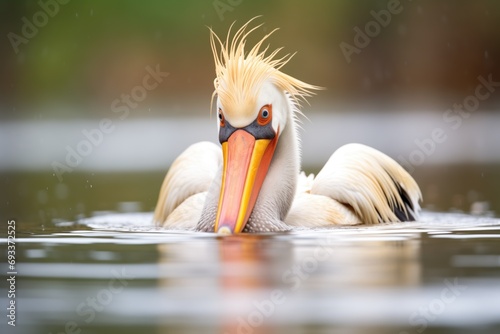 pelican with beak pouch bulging, wading in shallow water