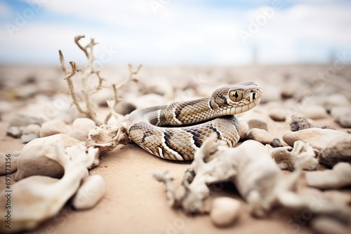rattlesnake camouflaged among desert stones